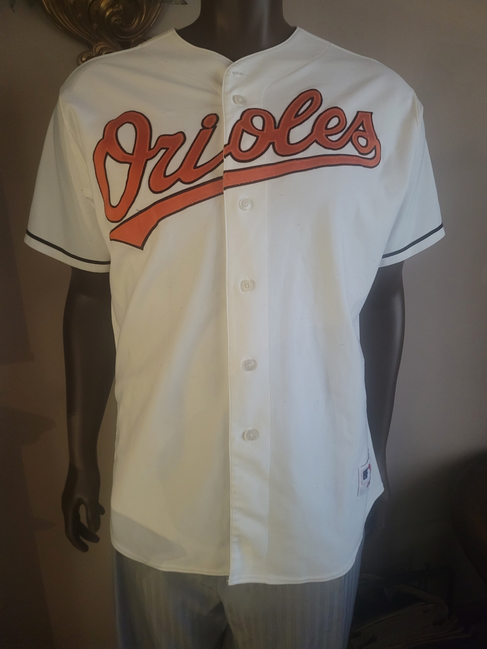Majestic White and Orange Orioles Button-Front Jersey